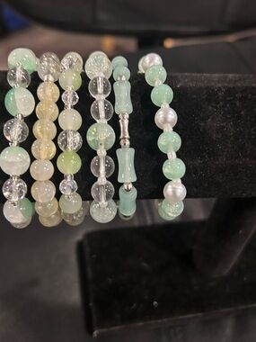 Handmade Green and Clear Beaded Stretch Bracelet Set - Women Jewelry